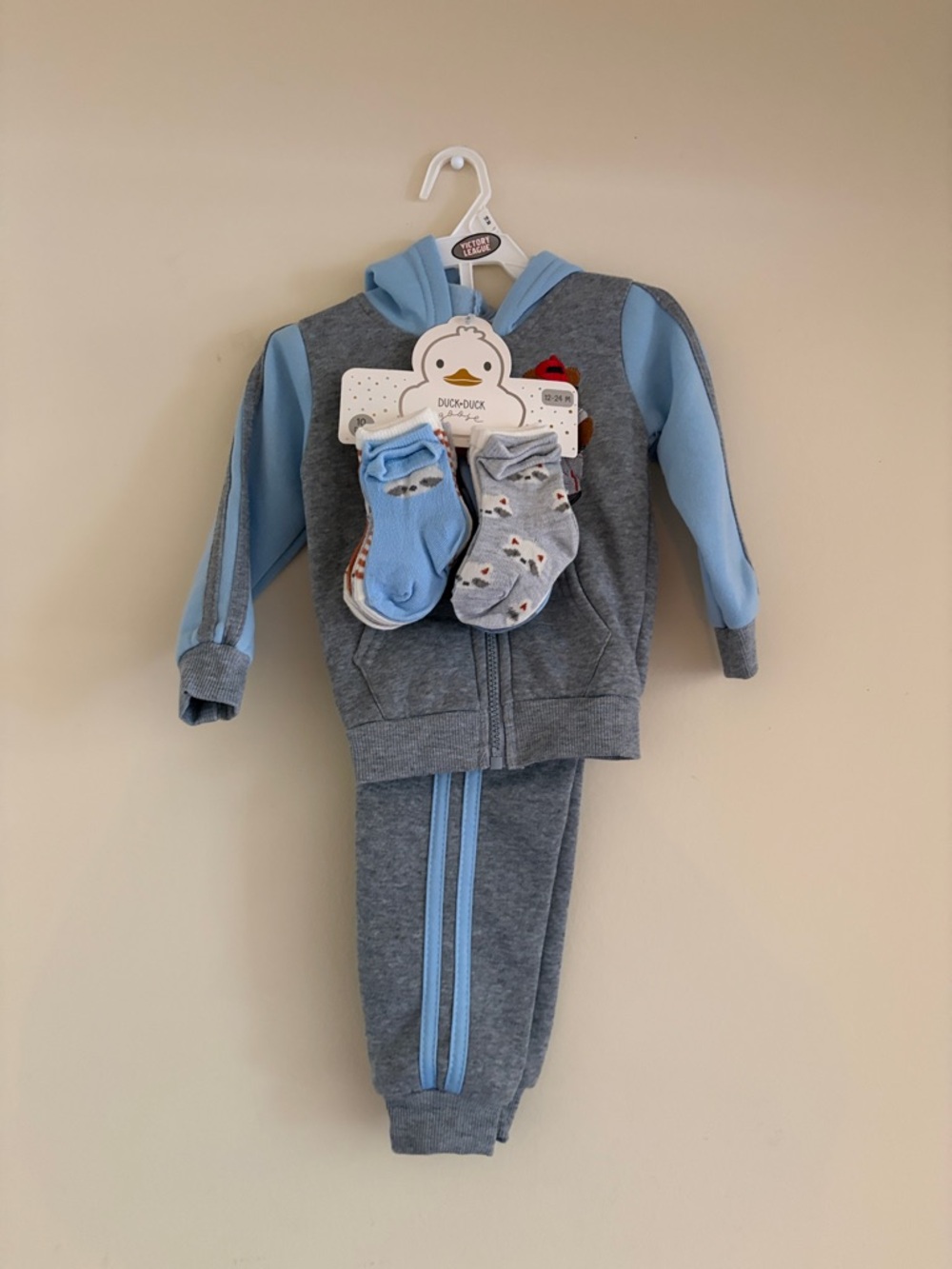Baby Blue & Gray Kids Matching Hoodie Set with Socks